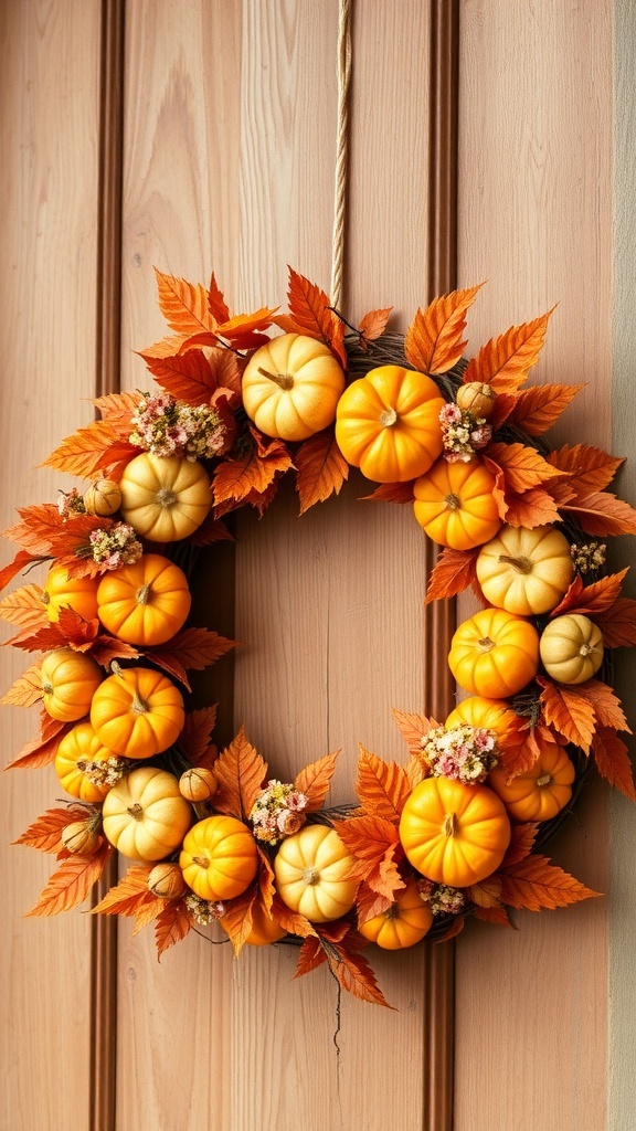 A decorative pumpkin wreath with mini pumpkins and fall leaves on a wooden door.
